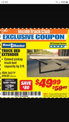 Harbor Freight Coupon HAUL-MASTER TRUCK BED EXTENDER Lot No. 69650 Expired: 6/30/20 - $49.99
