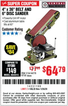 Harbor Freight Coupon 4" X 36" BELT/6" DISC SANDER Lot No. 64778/97181/5154 Expired: 1/26/20 - $64.97