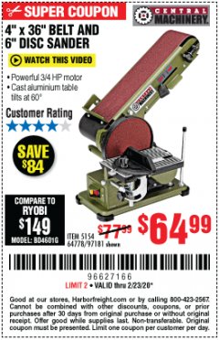 Harbor Freight Coupon 4" X 36" BELT/6" DISC SANDER Lot No. 64778/97181/5154 Expired: 2/23/20 - $64.99