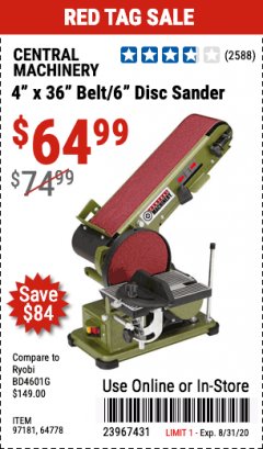 Harbor Freight Coupon 4" X 36" BELT/6" DISC SANDER Lot No. 64778/97181/5154 Expired: 8/31/20 - $64.99