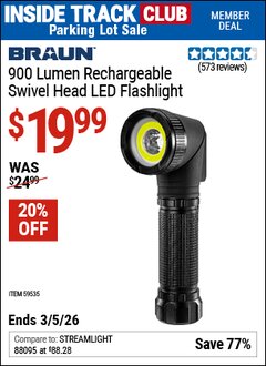 Harbor Freight ITC Coupon BRAUN 900 LUMEN RECHARGEABLE SWIVEL HEAD LED FLASHLIGHT Lot No. 59535 Expired: 3/5/26 - $19.99