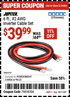 Harbor Freight Coupon JUPITER 6 FT., #2 AWG INVERTER CABLE SET Lot No. 63747 EXPIRES: 10/11/26 - $39.99