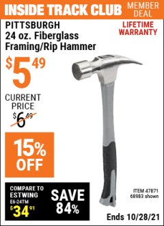 Harbor Freight ITC Coupon 24 OZ. FRAMING/RIP HAMMER WITH FIBERGLASS HANDLE Lot No. 68983 Expired: 10/28/21 - $5.49