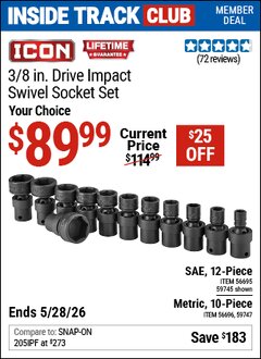Harbor Freight ITC Coupon ICON 3/8 IN. SAE IMPACT SWIVEL SOCKET SET, 12-PIECE Lot No. 59745/56695 Valid Thru: 5/28/26 - $89.99