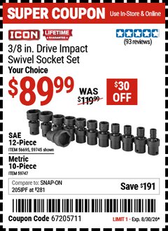 Harbor Freight Coupon ICON 3/8 IN. DRIVE IMPACT SWIVEL SOCKET SET Lot No. 59745/56695/59747 Valid Thru: 8/30/26 - $89.99