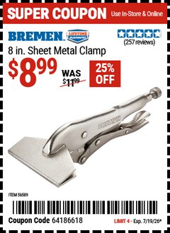 Harbor Freight Coupon BREMEN 8 IN. SHEET METAL CLAMP Lot No. 56589 Expired: 7/19/26 - $8.99