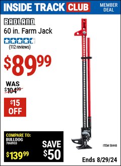 Harbor Freight ITC Coupon BADLAND 60 IN. FARM JACK Lot No. 58448 Expired: 8/29/24 - $89.99