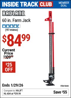 Harbor Freight ITC Coupon BADLAND 60 IN. FARM JACK Lot No. 58448 Valid Thru: 1/29/26 - $84.99