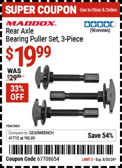 Harbor Freight Coupon MADDOX REAR AXLE BEARING PULLER SET, 3-PIECE Lot No. 59821 Valid Thru: 8/30/26 - $19.99
