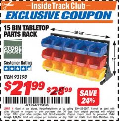 Harbor Freight ITC Coupon 15 BIN TABLE TOP PARTS RACK Lot No. 93198 Expired: 6/30/18 - $21.99