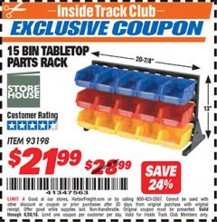 Harbor Freight ITC Coupon STOREHOUSE 15 BIN TABLETOP PARTS RACK Lot No. 93198 Expired: 6/30/18 - $21.99