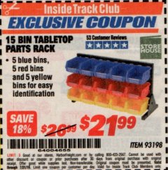 Harbor Freight ITC Coupon 15 BIN TABLE TOP PARTS RACK Lot No. 93198 Expired: 7/31/19 - $21.99