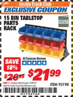 Harbor Freight ITC Coupon 15 BIN TABLE TOP PARTS RACK Lot No. 93198 Expired: 11/30/19 - $21.99