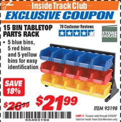 Harbor Freight ITC Coupon 15 BIN TABLE TOP PARTS RACK Lot No. 93198 Expired: 2/29/20 - $21.99