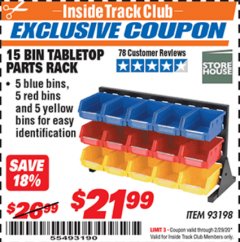 Harbor Freight ITC Coupon STOREHOUSE 15 BIN TABLETOP PARTS RACK Lot No. 93198 Expired: 2/29/20 - $21.99