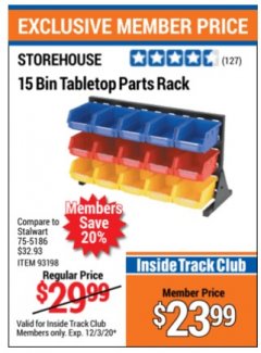 Harbor Freight ITC Coupon 15 BIN TABLE TOP PARTS RACK Lot No. 93198 Expired: 12/3/20 - $23.99