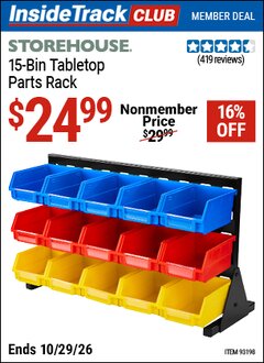 Harbor Freight ITC Coupon STOREHOUSE 15-BIN TABLETOP PARTS RACK Lot No. 93198 Valid Thru: 10/29/26 - $24.99