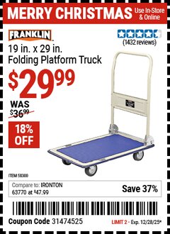 Harbor Freight Coupon FRANKLIN 19 IN. X 29 IN. FOLDING PLATFORM TRUCK Lot No. 58300 Expired: 12/28/25 - $29.99