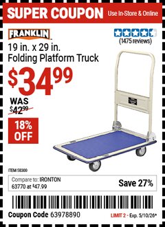 Harbor Freight Coupon FRANKLIN 19 IN. X 29 IN. FOLDING PLATFORM TRUCK Lot No. 58300 Valid Thru: 5/10/26 - $34.99