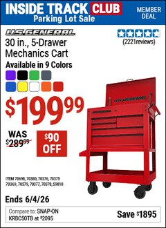 Harbor Freight Coupon U.S. GENERAL 30 IN., 5-DRAWER MECHANICS CART Lot No. 59818/70369/70375/70376/70377/70378/70379/70380/70698 Valid: 12/31/69 - 6/4/26 - $199.99