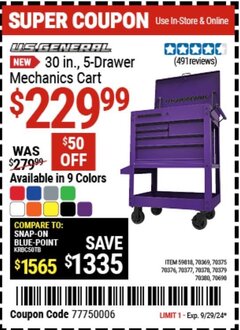 Harbor Freight Coupon U.S. GENERAL 30 IN. 5-DRAWER MECHANICS CART Lot No. 59818/70369/70375/70376/70377/70378/70379/70380/70698 Expired: 9/29/24 - $229.99