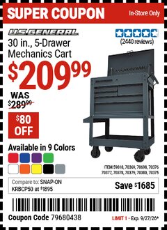 Harbor Freight Coupon U.S. GENERAL 30 IN., 5-DRAWER MECHANICS CART Lot No. 59818/70369/70375/70376/70377/70378/70379/70380/70698 Valid Thru: 9/27/26 - $209.99