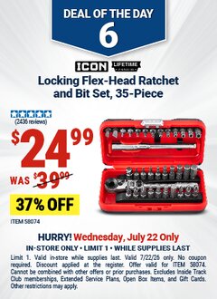 Harbor Freight Coupon ICON LOCKING FLEX-HEAD RATCHET AND BIT SET, 35-PIECE Lot No. 58074 Expired: 7/22/26 - $24.99