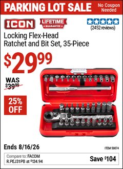 Harbor Freight Coupon ICON LOCKING FLEX-HEAD RATCHET AND BIT SET, 35-PIECE Lot No. 58074 EXPIRES: 8/16/26 - $29.99