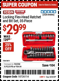 Harbor Freight Coupon ICON LOCKING FLEX-HEAD RATCHET AND BIT SET, 35-PIECE Lot No. 58074 Expired: 8/23/26 - $29.99