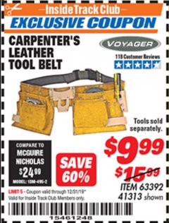 Harbor Freight ITC Coupon CARPENTER'S TOOL BELT Lot No. 41313/63392 Expired: 12/31/19 - $9.99