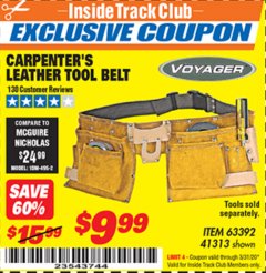 Harbor Freight ITC Coupon CARPENTER'S TOOL BELT Lot No. 41313/63392 Expired: 3/31/20 - $9.99
