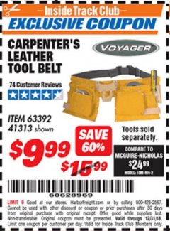Harbor Freight ITC Coupon CARPENTER'S TOOL BELT Lot No. 41313/63392 Expired: 12/31/18 - $9.99