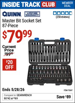 Harbor Freight Coupon QUINN MASTER BIT SOCKET SET, 87-PIECE Lot No. 70347 Valid: 12/31/69 - 5/28/26 - $79.99