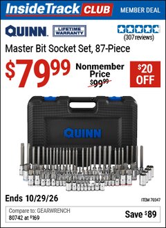Harbor Freight ITC Coupon QUINN MASTER BIT SOCKET SET, 87-PIECE Lot No. 70347 Valid Thru: 10/29/26 - $79.99
