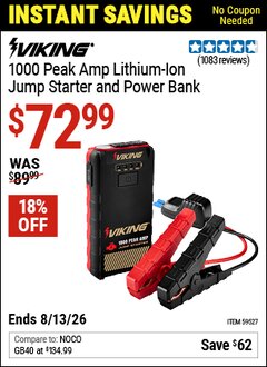 Harbor Freight Coupon VIKING 1000 PEAK AMP LITHIUM-ION JUMP STARTER AND POWER BANK Lot No. 59527 Expired: 6/13/26 - $72.99