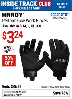 Harbor Freight ITC Coupon HARDY PERFORMANCE WORK GLOVES Lot No. 70257/70264/70266/70267/70277 Valid Thru: 3/5/26 - $3.24