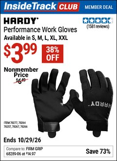 Harbor Freight ITC Coupon HARDY PERFORMANCE WORK GLOVES Lot No. 70257/70264/70266/70267/70277 Valid Thru: 10/29/26 - $3.99