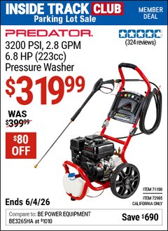 Harbor Freight ITC Coupon PREDATOR 3200 PSI, 2.8 GPM, 6.8 HP (223CC) PRESSURE WASHER Lot No. 71100/72985 Expired: 6/4/26 - $319.99