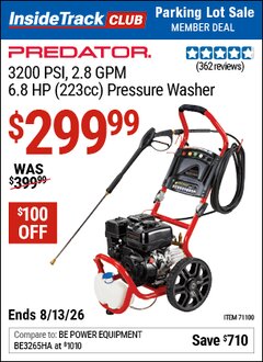 Harbor Freight ITC Coupon PREDATOR 3200 PSI, 2.8 GPM, 6.8 HP (223CC) PRESSURE WASHER Lot No. 71100/72985 Valid Thru: 8/13/26 - $299.99