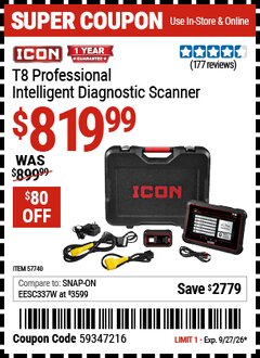 Harbor Freight Coupon ICON T8 PROFESSIONAL INTELLIGENT DIAGNOSTIC SCANNER Lot No. 57740 Valid Thru: 9/27/26 - $819.99