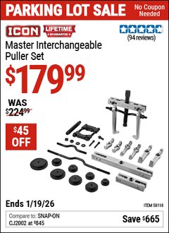 Harbor Freight Coupon ICON MASTER INTERCHANGEABLE PULLER SET Lot No. 58118 Expired: 12/31/69 - $179.99