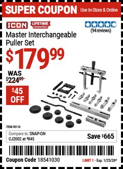 Harbor Freight Coupon ICON MASTER INTERCHANGEABLE PULLER SET Lot No. 58118 Expired: 1/25/26 - $179.99