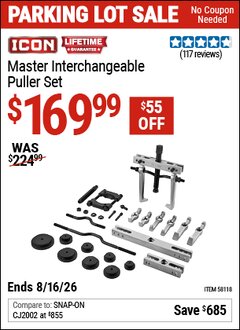 Harbor Freight Coupon ICON MASTER INTERCHANGEABLE PULLER SET Lot No. 58118 EXPIRES: 8/16/26 - $169.99