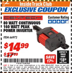 Harbor Freight ITC Coupon 80 WATT CONTINUOUS/160 WATT PEAK POWER INVERTER Lot No. 66972 Expired: 7/31/18 - $14.99