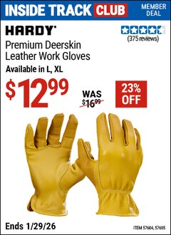 Harbor Freight ITC Coupon HARDY PREMIUM DEERSKIN LEATHER WORK GLOVES Lot No. 57604/57605 Valid Thru: 1/29/26 - $12.99