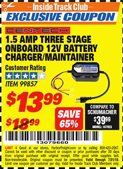 Harbor Freight ITC Coupon 1.5 AMP, 12V 3 STAGE ONBOARD BATTERY CHARGER/MAINTAINER Lot No. 99857 Expired: 7/31/18 - $13.99