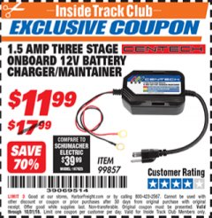 Harbor Freight ITC Coupon 1.5 AMP, 12V 3 STAGE ONBOARD BATTERY CHARGER/MAINTAINER Lot No. 99857 Expired: 10/31/18 - $11.99