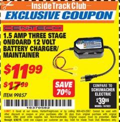 Harbor Freight ITC Coupon 1.5 AMP, 12V 3 STAGE ONBOARD BATTERY CHARGER/MAINTAINER Lot No. 99857 Expired: 4/30/19 - $11.99