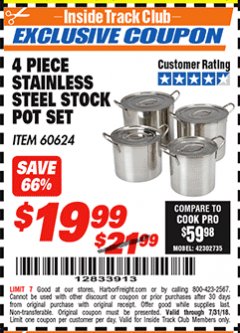 Harbor Freight ITC Coupon 4 PIECE STAINLESS STEEL STOCK POT SET Lot No. 60624 Expired: 7/31/18 - $19.99