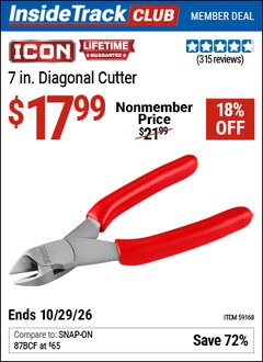 Harbor Freight ITC Coupon ICON 7 IN. DIAGONAL CUTTER Lot No. 59168 Valid Thru: 10/29/26 - $17.99